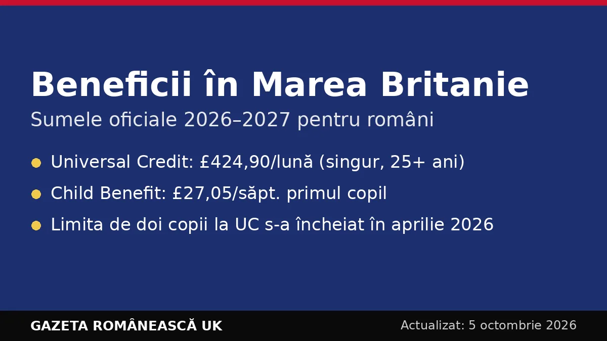 Beneficii în Marea Britanie pentru români în 2026: Universal Credit, Child Benefit și pensii