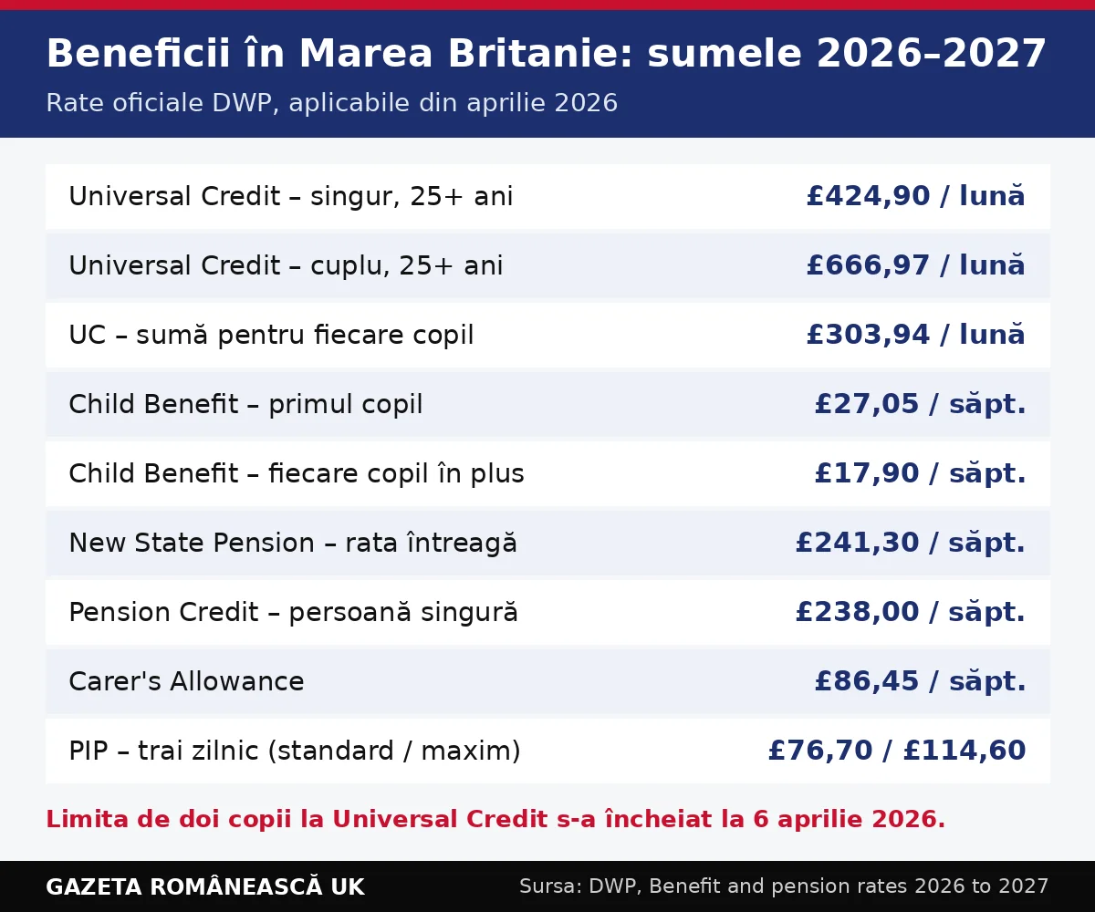 Beneficii în Marea Britanie 2026–2027: sumele oficiale pentru Universal Credit, Child Benefit și pensii