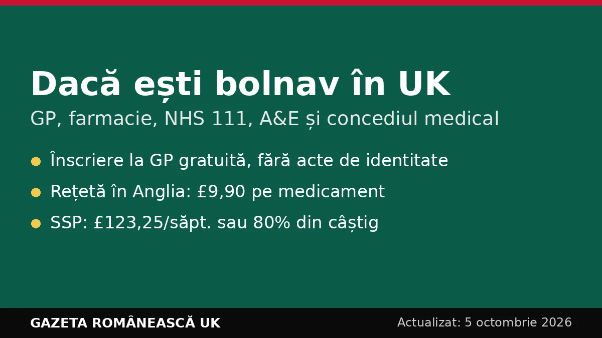 Ce poți face dacă ești bolnav în UK: GP, farmacie, NHS 111, A&E și concediul medical