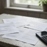 Facturi și acte pe o masă de bucătărie, lângă calculator, telefon și o cană – planificarea datoriilor în UK