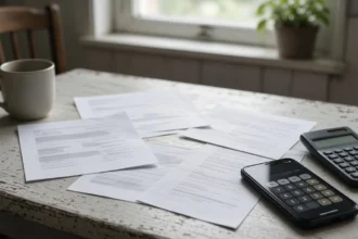Facturi și acte pe o masă de bucătărie, lângă calculator, telefon și o cană – planificarea datoriilor în UK