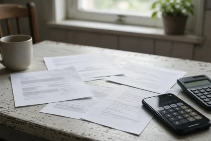 Facturi și acte pe o masă de bucătărie, lângă calculator, telefon și o cană – planificarea datoriilor în UK