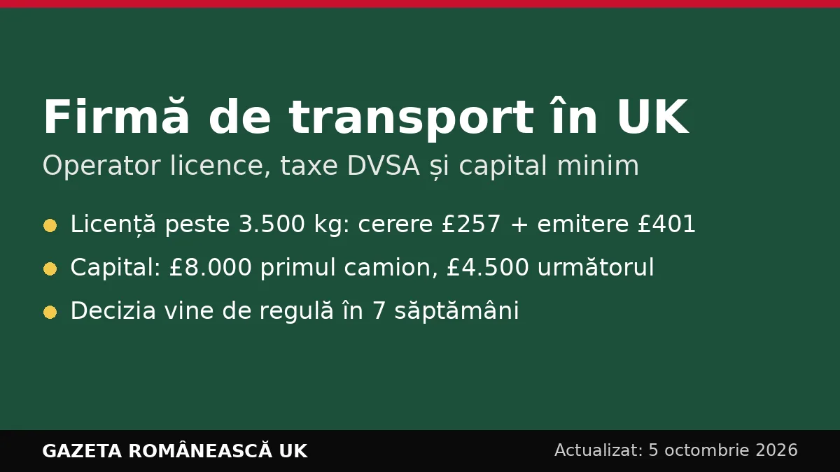 Firmă de transport în Marea Britanie: operator licence, taxe DVSA și capital minim în 2026