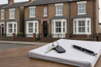 Șir de case englezești din cărămidă, cu cheile și dosarul de mortgage pe masă în prim-plan