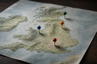Hartă a Marii Britanii pe o masă din lemn, cu ace colorate pe regiunile unde locuiesc mulți români