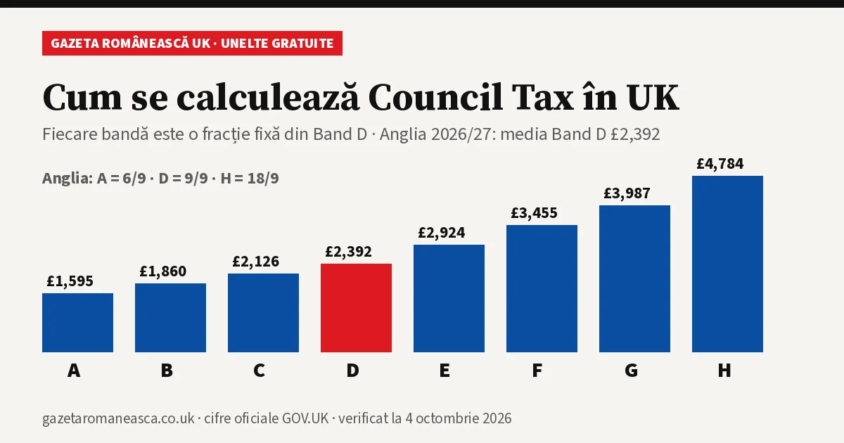 Calculator Council Tax UK: benzile A–H ca fracție din Band D, 2026/27