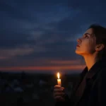 Femeie cu lumânare aprinsă, privire spre cer — simbol al pomenirii