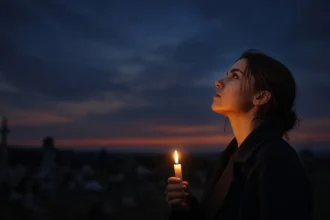 Femeie cu lumânare aprinsă, privire spre cer — simbol al pomenirii