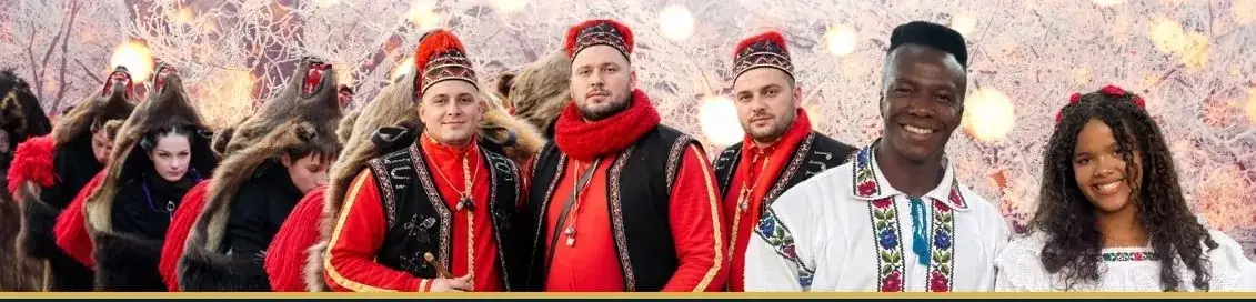 Urșii de la Comănești – Trupa lui Răzvan, în costume populare, alături de Banto dos Santos și Sarah Santos, pe afișul Festivalului Românesc la Londra