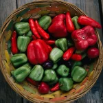 Coș cu ardei roșii și verzi proaspeți, legume care se pot cumpăra cu cardul Healthy Start
