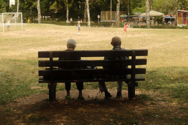 Doi vârstnici pe o bancă într-un parc, văzuți din spate